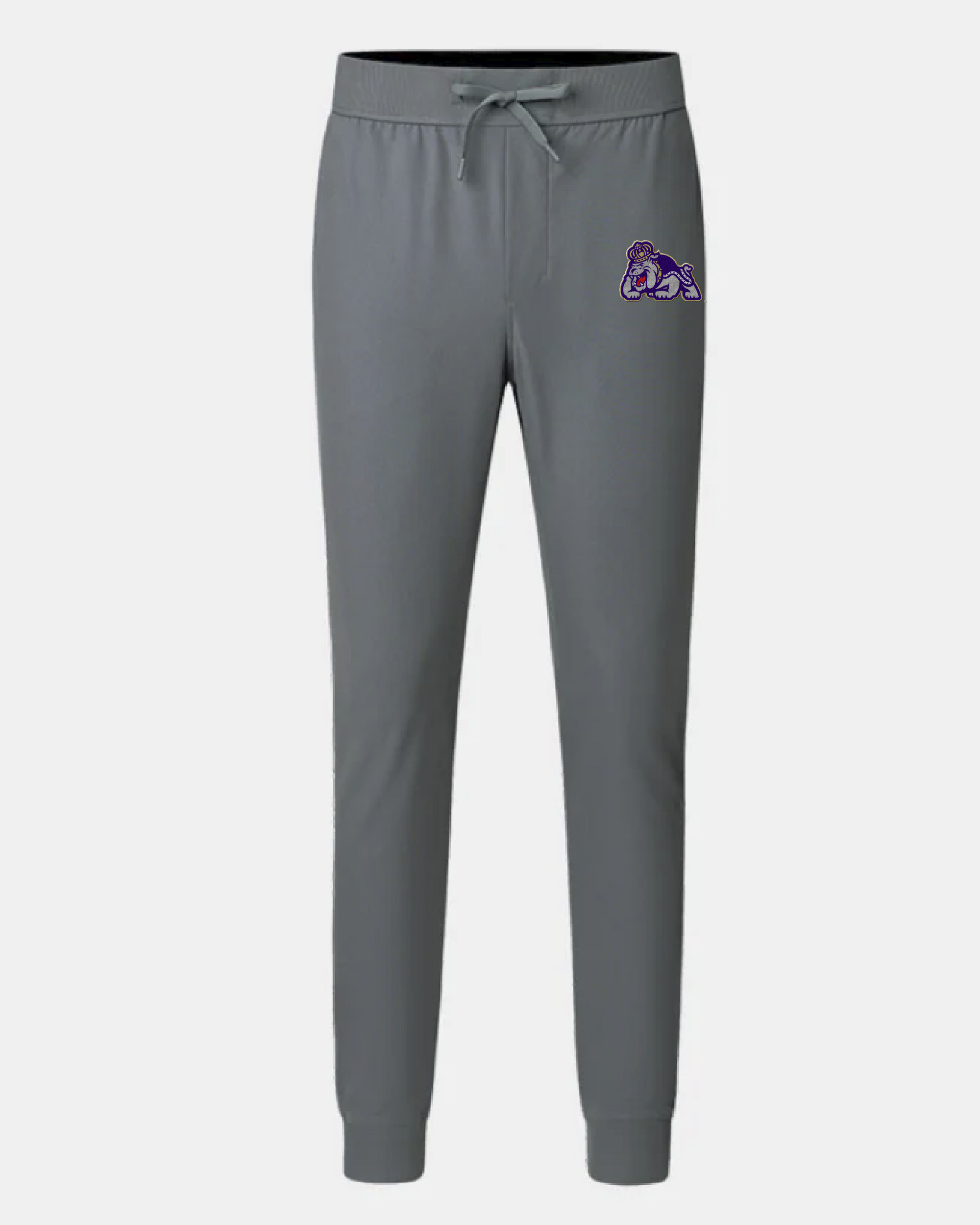Gray sweatpants with a logo on a white background