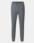 Gray sweatpants with a logo on a white background