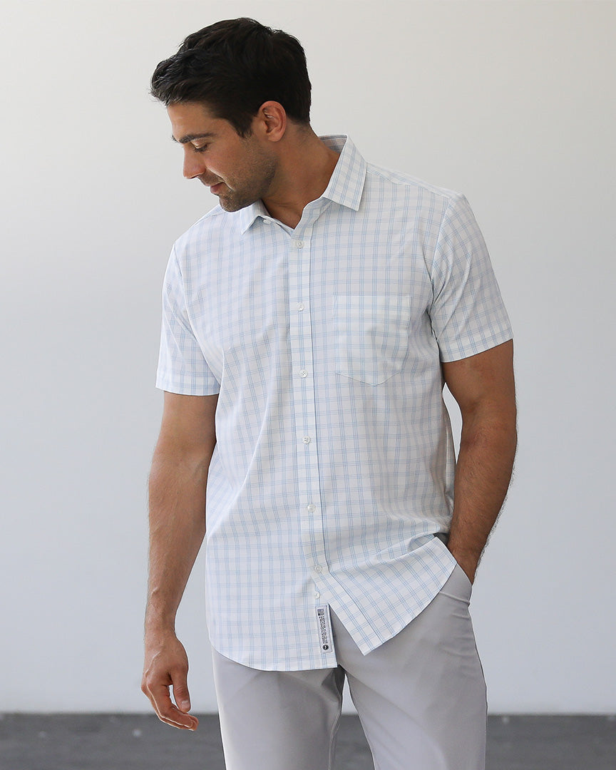 Phenom Classic Light Blue Tartan Short Sleeve Dress Shirt