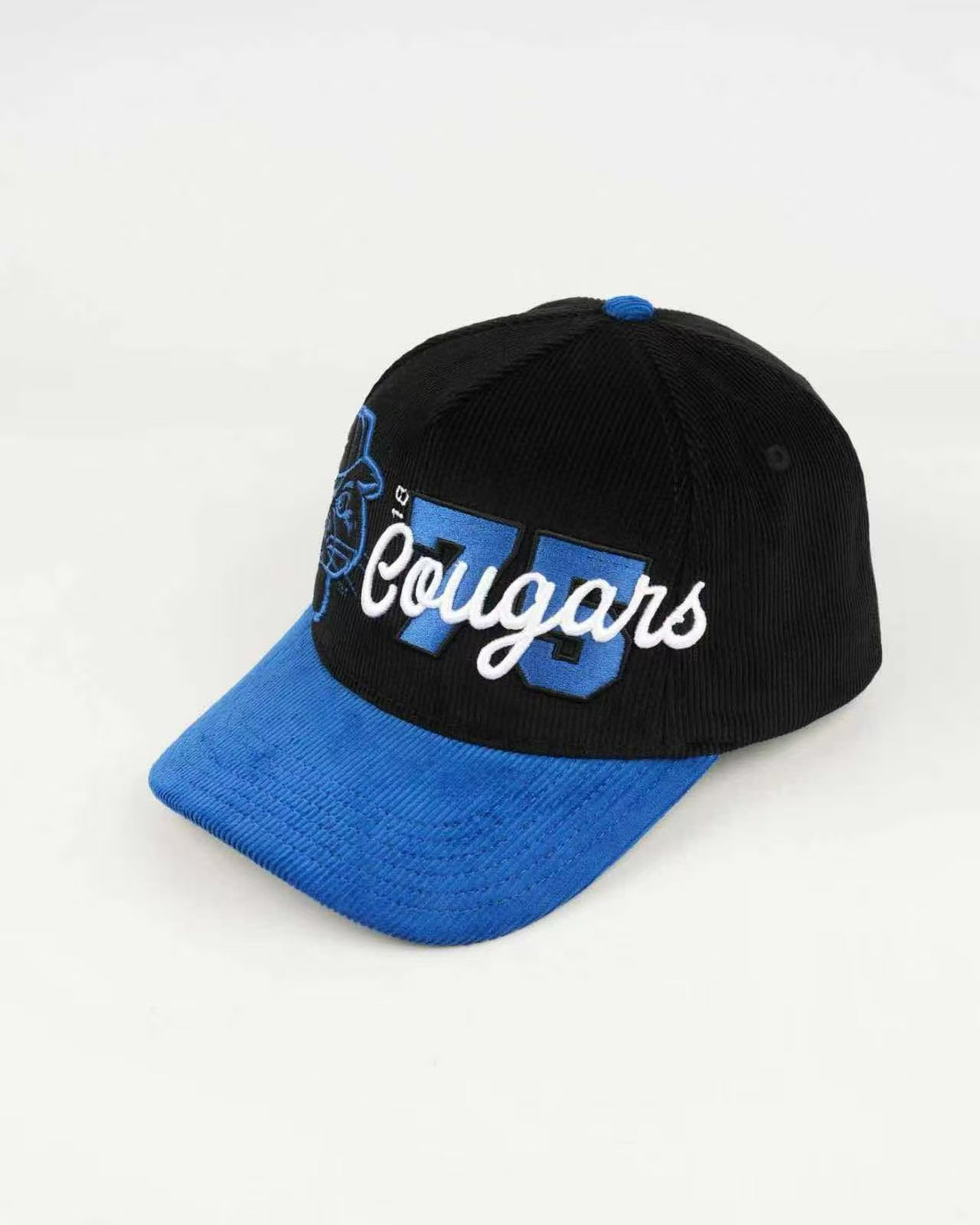 BYU Fade Hat Black Royal Brim 2 Logo Cougar – angled view