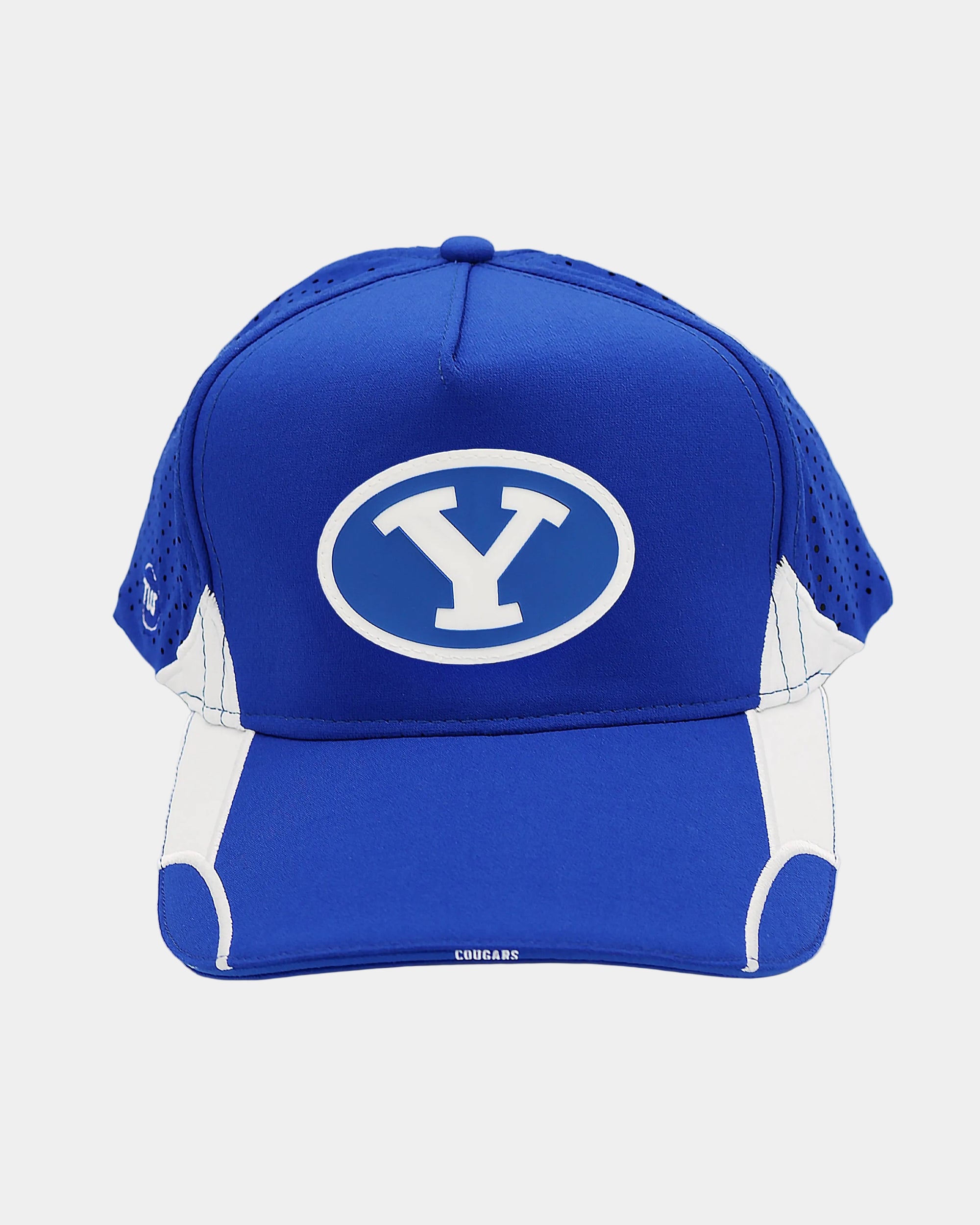 Blue and white cap with a logo on a light gray background