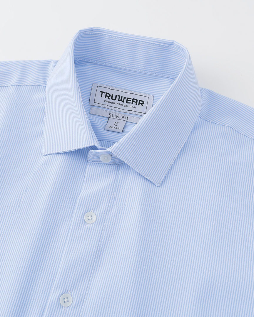 Phenom Professional Light Blue Striped Long Sleeve Men's Dress Shirt - Blue