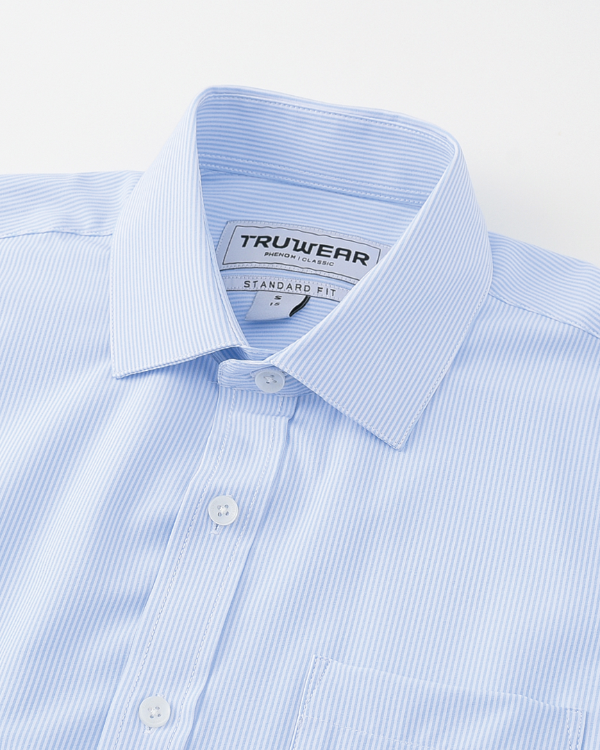 Phenom Classic Light Blue Striped Short Sleeve Dress Shirt - Blue