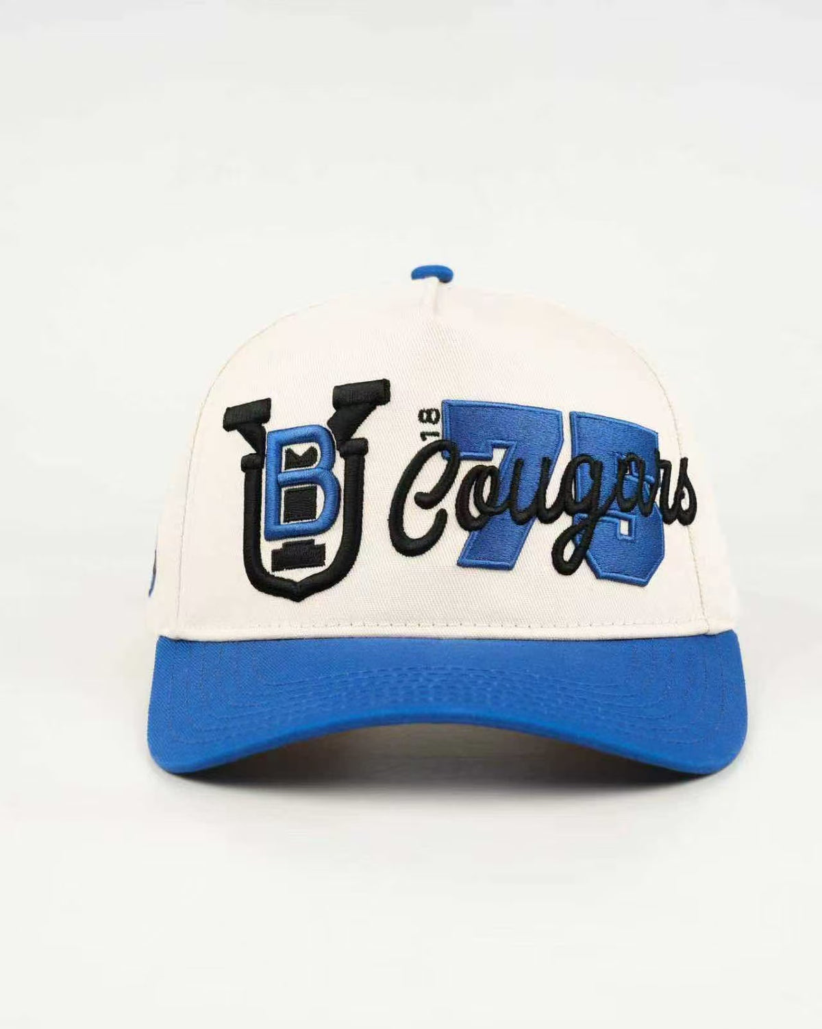 BYU Fade Hat Natural Royal Brim 2 Logo BYU – front view