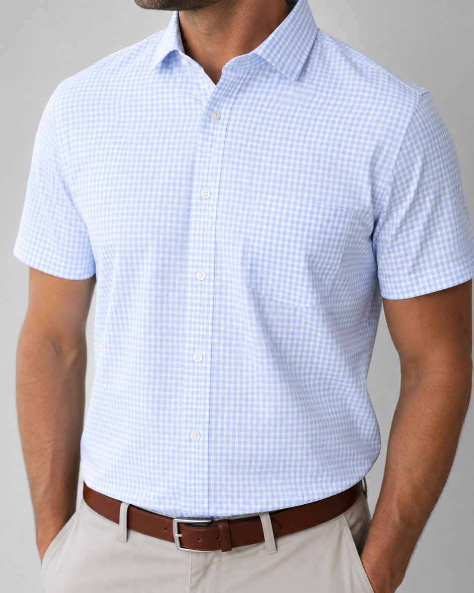Phenom Classic Light Blue Gingham Short Sleeve Dress Shirt - Blue