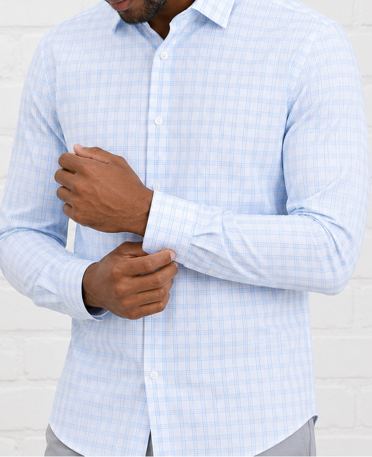 Phenom Professional Light Blue Tartan Long Sleeve Men's Dress Shirt